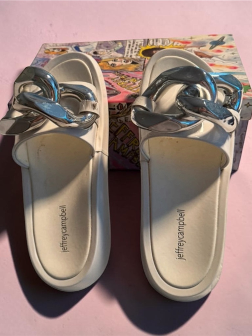 Jeffrey Campbell White Slide Sandals with Silver Chain Accent